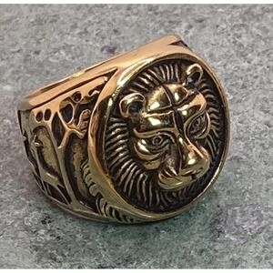 Lion Safari Tiger King Forest Gold Tone Gothic Biker Ring Size 8 Lots Of Detail